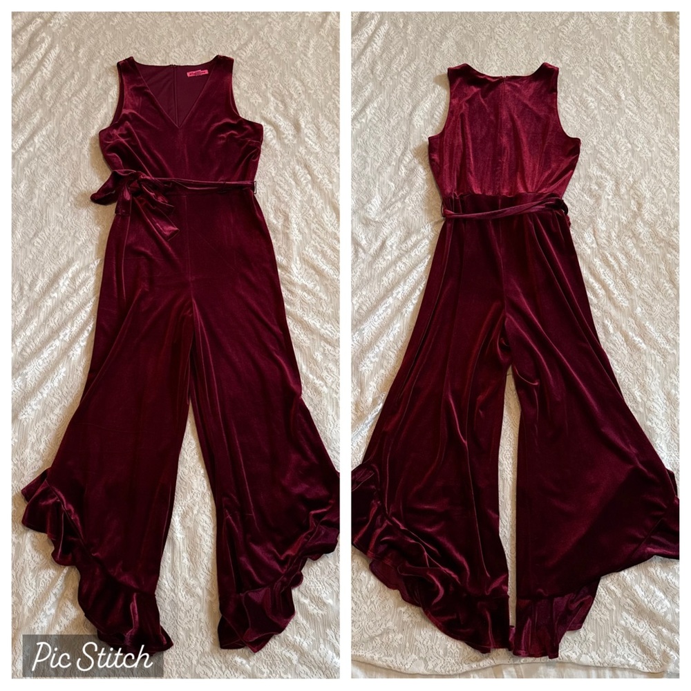 Betsey Johnson scarlet velvet ruffle leg vneck jumpsuit - Picture 2 of 8